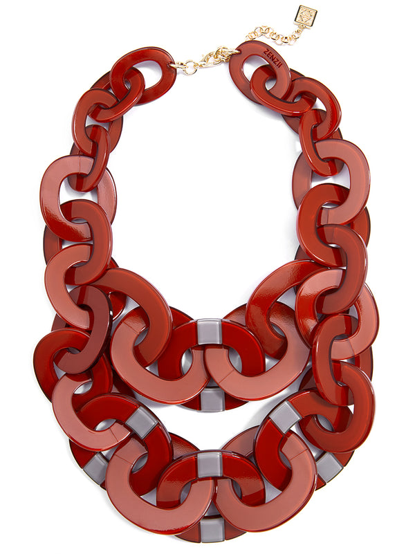 Striped Resin Layered Links Necklace - Red